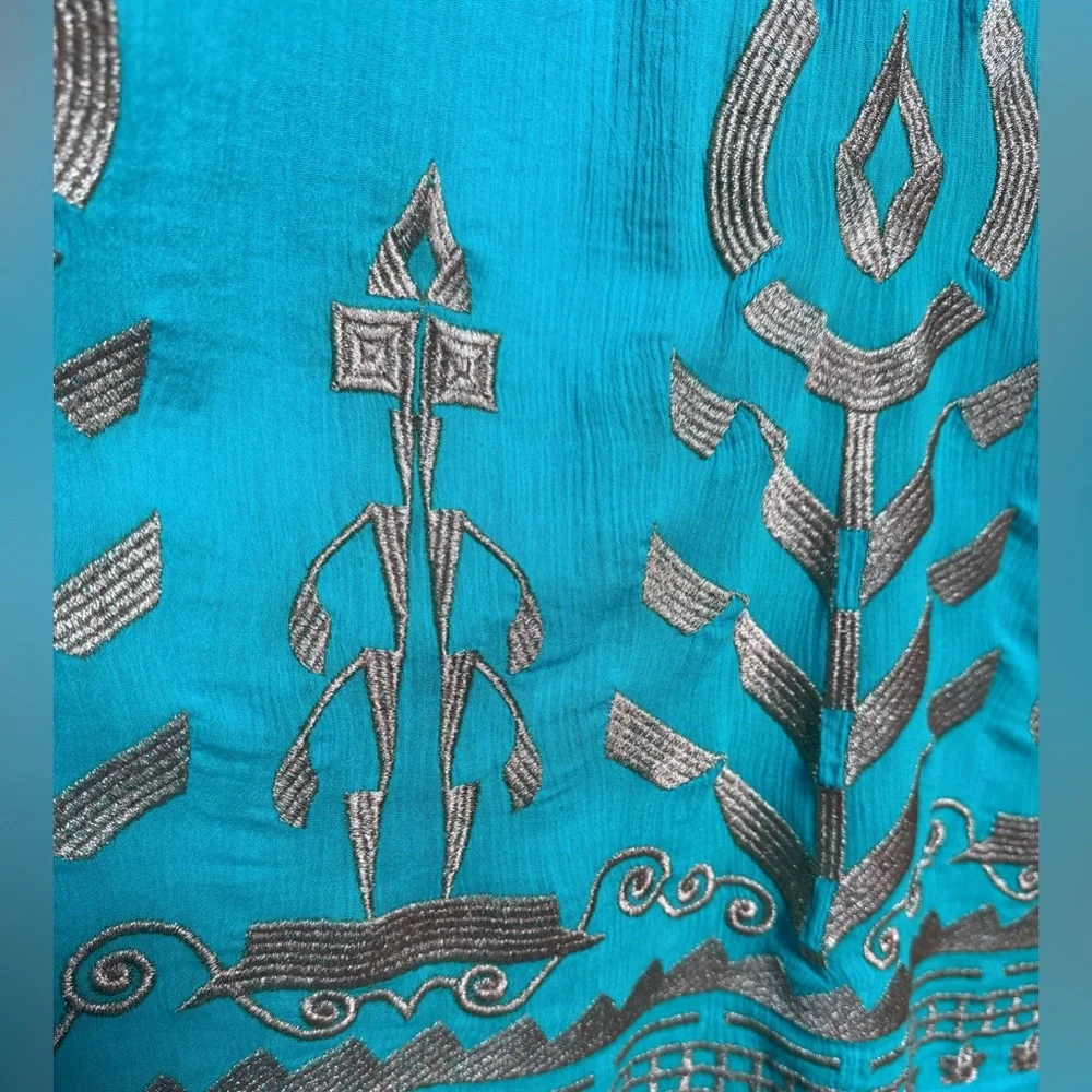 NWT Soft Surroundings Embroidered Tunic Dress Turquoise Gold Gauze Boho MP - Picture 5 of 9